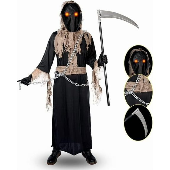 Grim Reaper Costume for Adult,Phantom Halloween Costume with Red Glowing Eyes, Gloves Scythe included