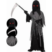 Kids Grim Reaper Costume with Glowing Red Eyes, Halloween Phantom Outfit Includes Scythe & Gloves for 5-7 Years