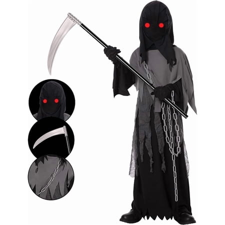 Kids Grim Reaper Costume with Glowing Red Eyes, Halloween Phantom Outfit Includes Scythe & Gloves for 10-12 Years