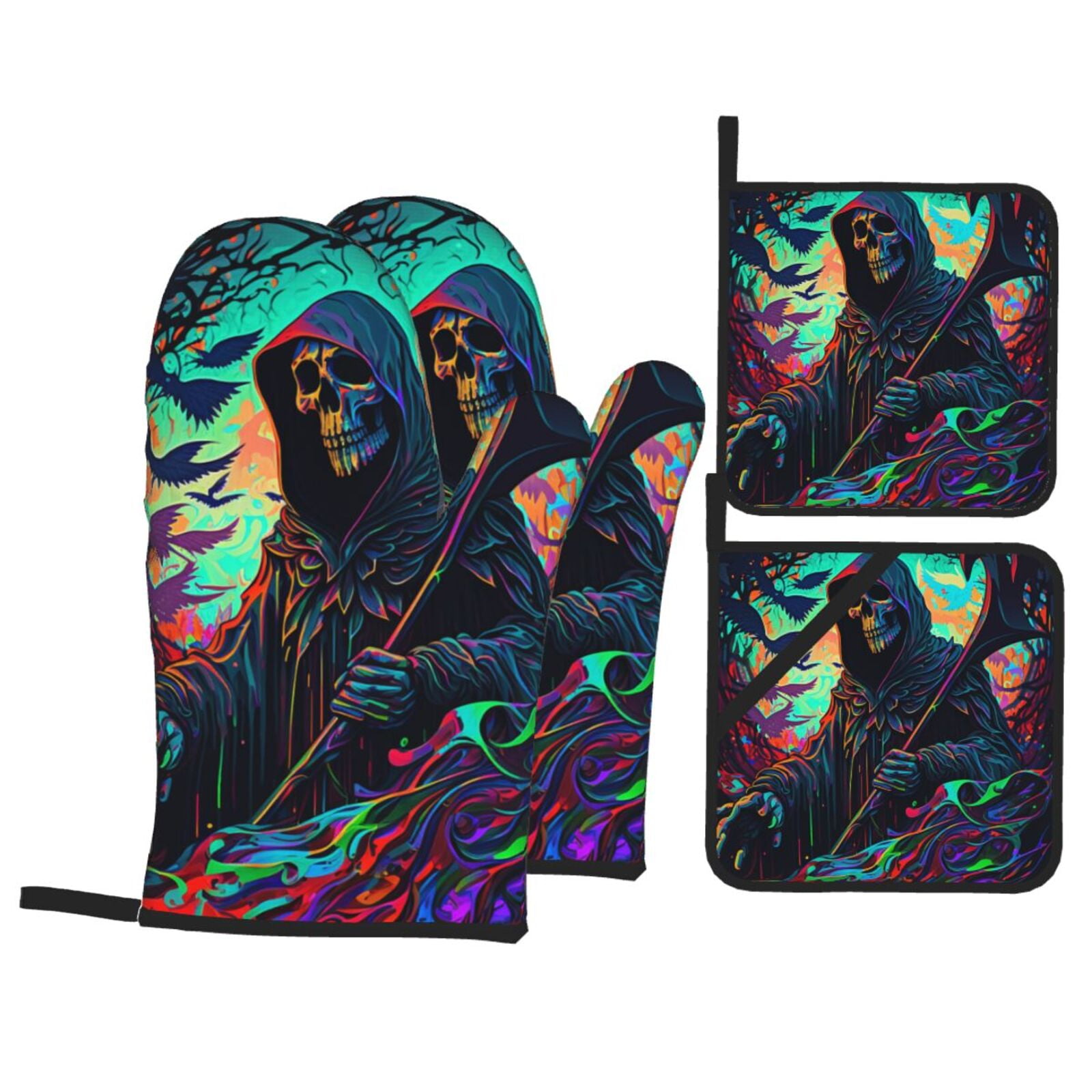 Grim Reaper Dark Psychedelic Death 4Pcs Oven Mitts and Pot Holders Sets Oven Kitchen Gloves Hot Pads for Cooking BBQ Baking Grilling