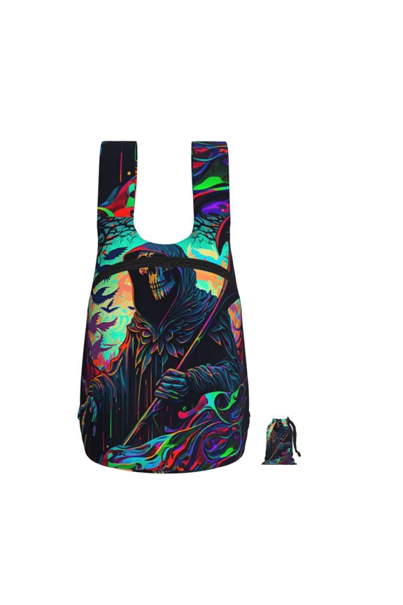 Grim Reaper Dark Psychedelic Death Foldable Storage Backpack Lightweight Packable Travel Daypack for Shopping Commuting Hiking