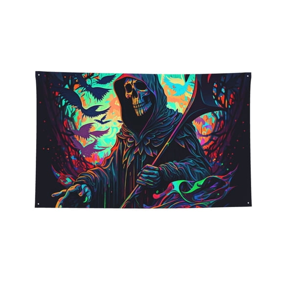 Grim Reaper Dark Psychedelic Death Four Hole Decorated Banner Flag for Garden Yard Home Decoration Indoor Outdoor 2x3 Ft