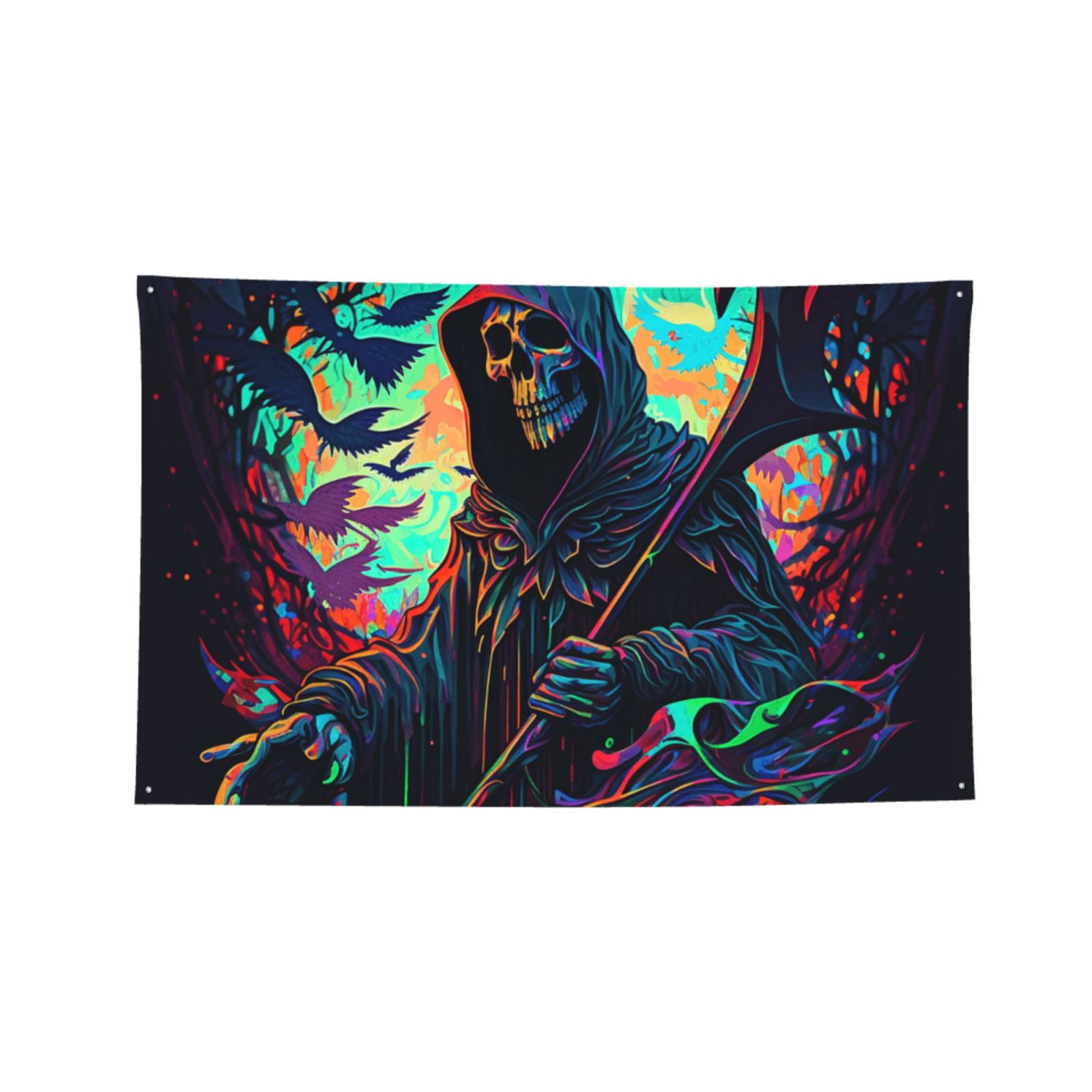 Grim Reaper Dark Psychedelic Death Four Hole Decorated Banner Flag for Garden Yard Home Decoration Indoor Outdoor 4x6 Ft