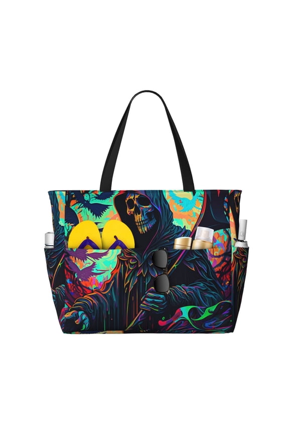 Grim Reaper Dark Psychedelic Death Large Capacity Beach Travel Tote Bag Shoulder Handbag for Gym Camping Shopping