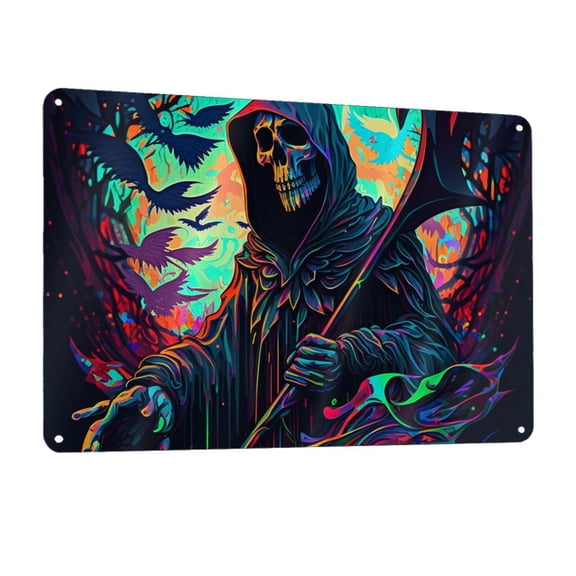 Grim Reaper Dark Psychedelic Death Metal Tin Sign Wall Decor for Home Bars Restaurants Cafes Store Pubs Sign Gift 12 X 8 Inch
