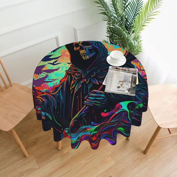 Grim Reaper Dark Psychedelic Death Tablecloths Round 60 inch Fabric Table Cloth Cover for Dining Kitchen Wedding Party