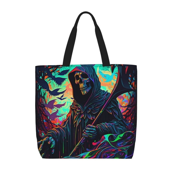 Grim Reaper Dark Psychedelic Death Tote Bag Reusable Shoulder Handbag Top Handle Purse for Shopping Work