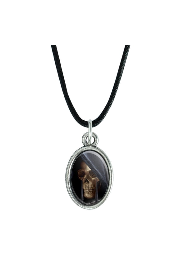 Grim Reaper Dead Death Fantasy Antiqued Oval Charm Pendant with Black Satin Cord