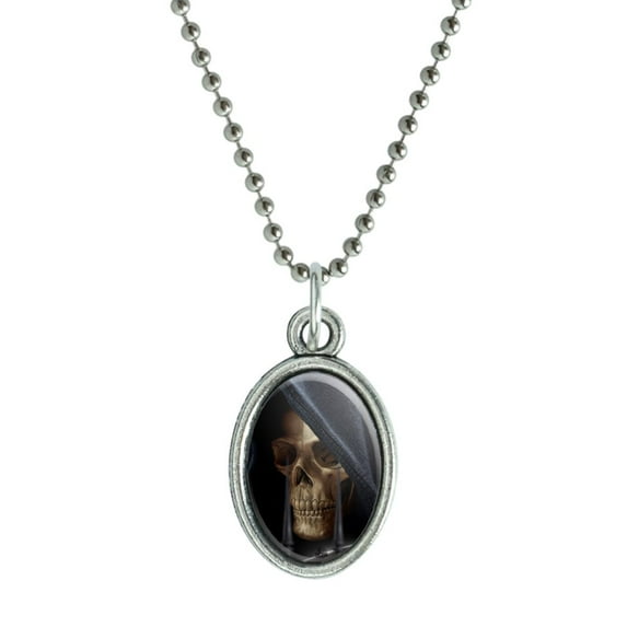 Grim Reaper Dead Death Fantasy Antiqued Oval Charm Pendant with Chain