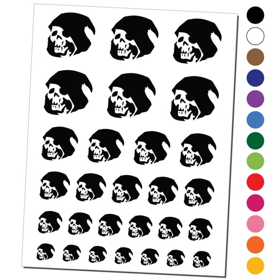Grim Reaper Death Skeleton Hooded Head Halloween Water Resistant Temporary Tattoo Set Fake Body Art Collection - Black