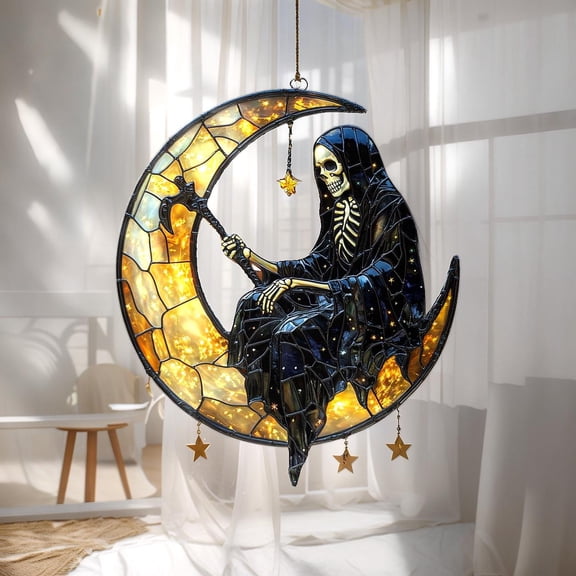 Grim Reaper Faux Wavy Acrylic Suncatcher - Halloween Crescent Moon Window Hanging With Book And Stars