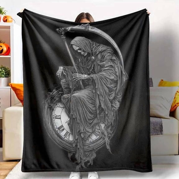 Grim Reaper Flannel Blanket, Death & Time Clock Print, Lightweight, Super Soft, AntiPilling, Suitable for Halloween, Gothic Home Decor, Spooky Season Gift, Dark Fantasy Lovers, Living Room