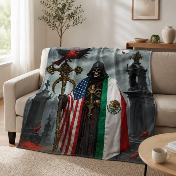 Grim Reaper Fleece Blanket with USA and Mexico Flag Gothic Throw