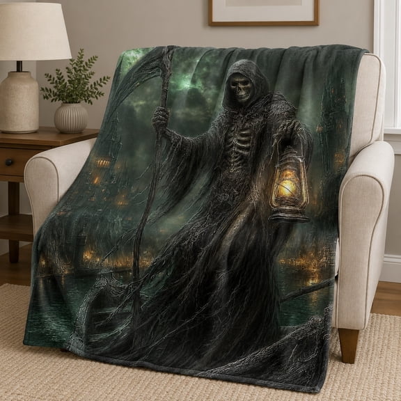 Grim Reaper Gothic Fleece Blanket, Skeleton Lantern Dark Fantasy Art, Soft Cozy Halloween Throw, Day of the Dead Home Decor Gift