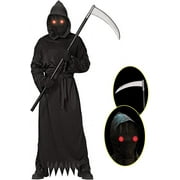 Adult Grim Reaper Costume with Glowing Red Eyes Halloween Scythe Set