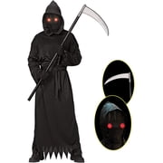 Kids Grim Reaper Costume with Glowing Red Eyes Halloween Scythe Set for 12-14 Years