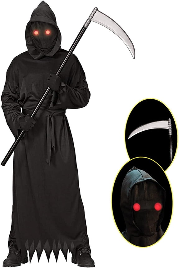 Kids Grim Reaper Costume with Glowing Red Eyes Halloween Scythe Set for 12-14 Years
