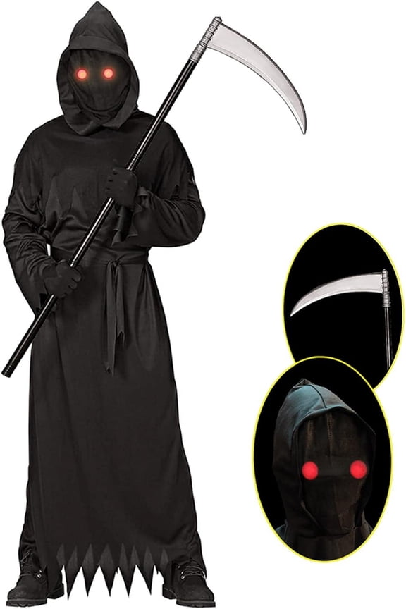 Grim Reaper Halloween Costume with Glowing Red Eyes for Kids, Scythe Included