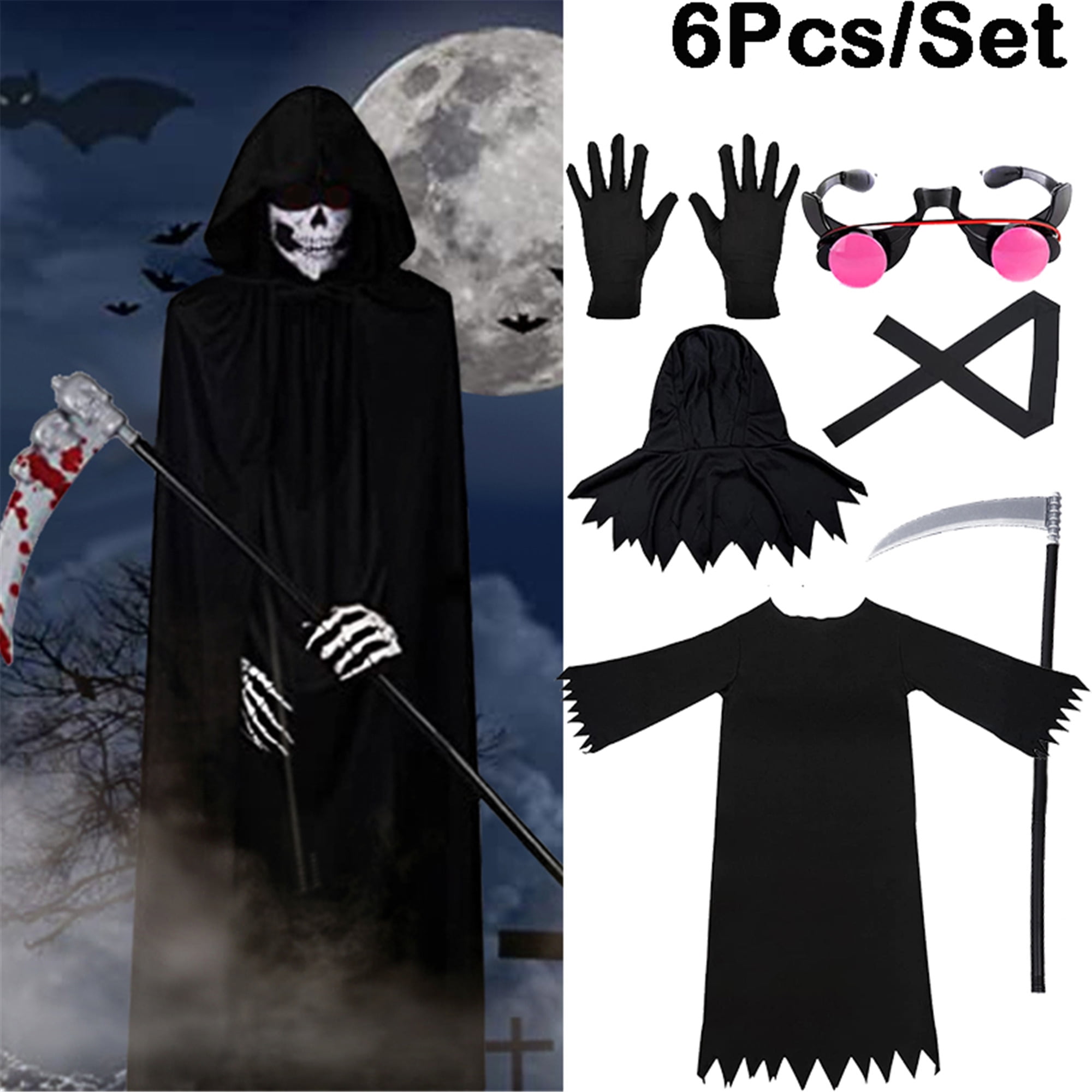 Grim Reaper Halloween Costume with Glowing Red Eyes for Kids
