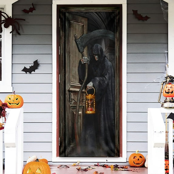 Grim Reaper Halloween Door Cover, Grim Reaper Knocking At The Door Home Decor TQN425D - 32" x 80"