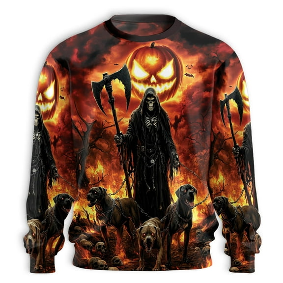 Grim Reaper Halloween Sweatshirt with Flames, Pumpkin Faces, and Skeletons, Spooky Fall Design with Scary Dogs and Axe, Perfect for Halloween and Horror Fans