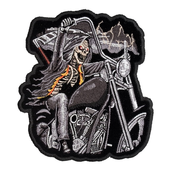 Grim Reaper Motorcycle Skeleton Flames Lightning Embroidered Patch