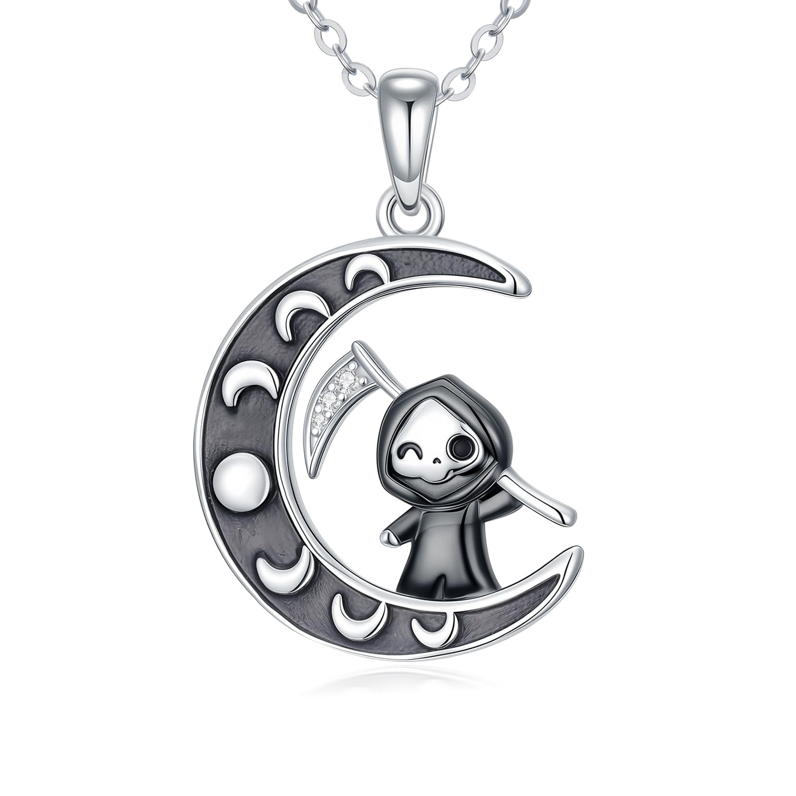 Waysles Reaper - Collana in argento sterling 925, con piccolo scheletro, per Halloween, per uomini e donne, Argento sterling Waysles Reaper - Collana in argento sterling 925, con piccolo scheletro, per Halloween, per uomini e donne, Argento sterling