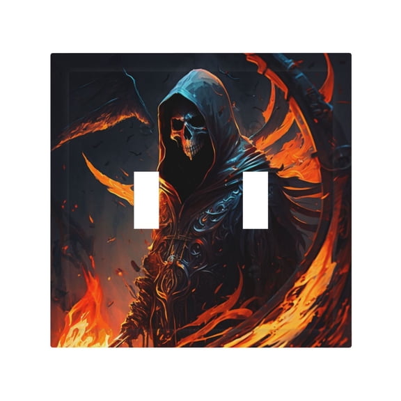 Grim Reaper On Fire Burning 2 Gang Switch Wall Plate Decorative Double Toggle Cover with 4 Painted Screws for Home & Commercial Use