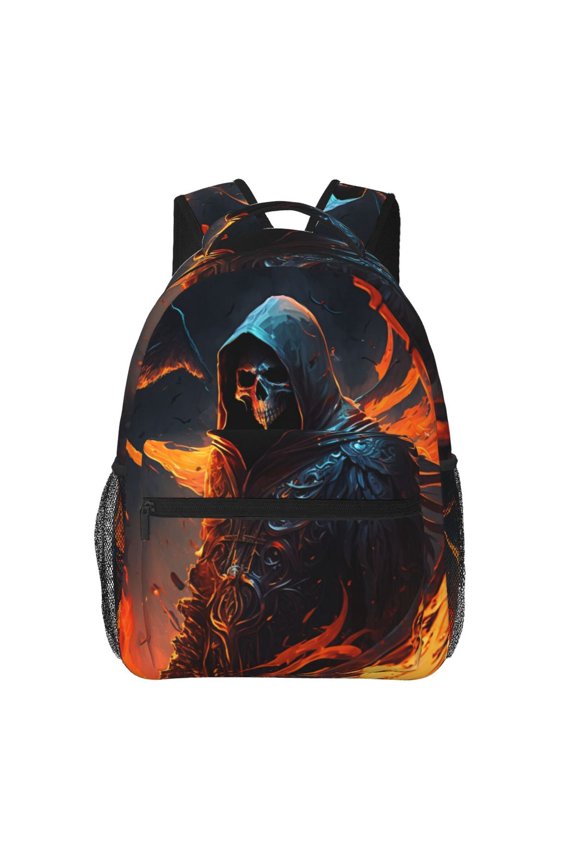 Grim Reaper On Fire Burning Backpack Casual College Bag Zipper Laptop Daypack Hiking Rucksack Travel