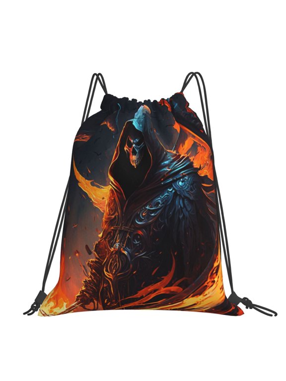 Grim Reaper On Fire Burning Large Drawstring Backpack Casual Cinch Sack Bag Backpack for Sports Hiking Travel Gym