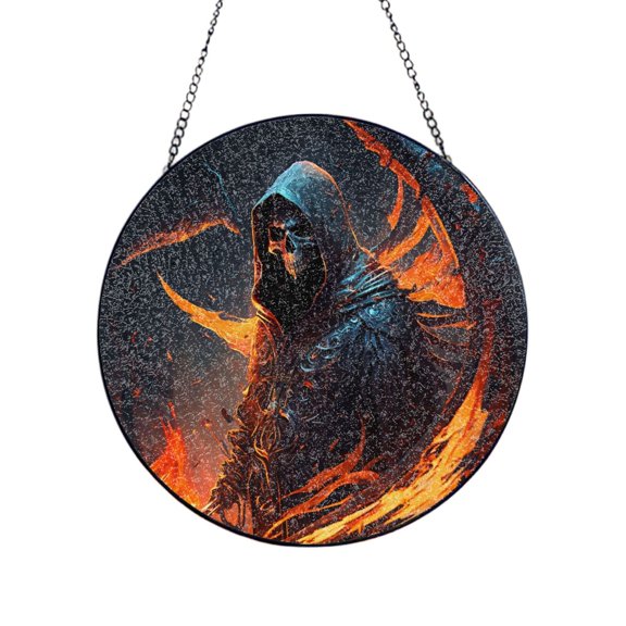 Grim Reaper On Fire Burning Stained Glass Sun Catcher, 4in10cm, Window Hanging Ornament Garden Patio Wall Door Home Decor Gift
