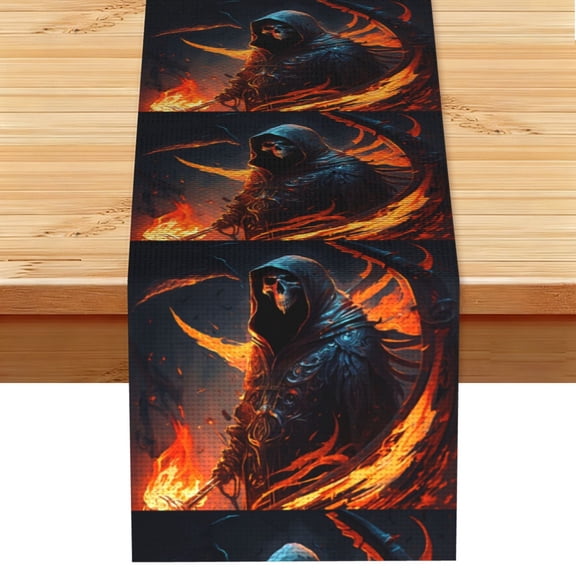 Grim Reaper On Fire Burning Table Runner 13x72 Inch for Dining Table Kitchen Wedding Party Decor Fireplace Mantle