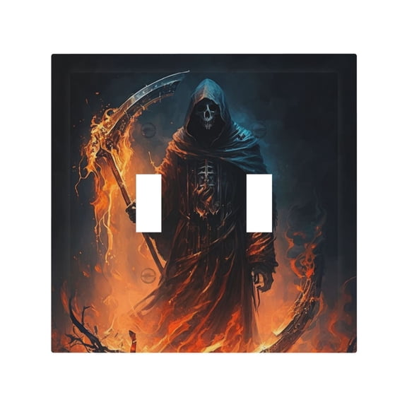 Grim Reaper On Fire Cool Art 2 Gang Switch Wall Plate Decorative Double Toggle Cover with 4 Painted Screws for Home & Commercial Use