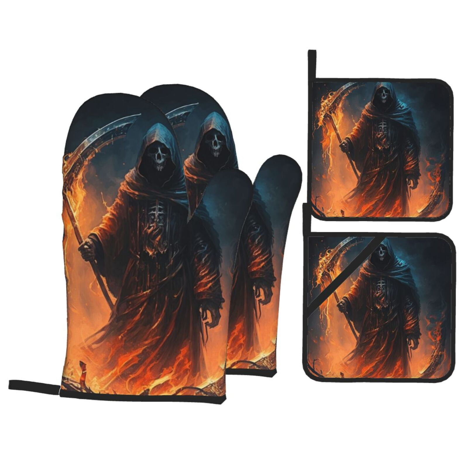 Grim Reaper On Fire Cool Art 4Pcs Oven Mitts and Pot Holders Sets Oven Kitchen Gloves Hot Pads for Cooking BBQ Baking Grilling