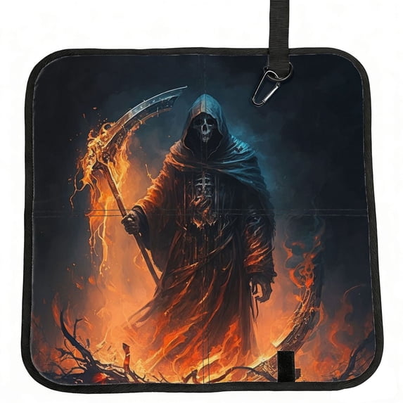 Grim Reaper On Fire Cool Art Foldable Seat Cushion for Bleachers, Stadium Seats, Camping & Outdoor Events, Portable Lightweight Pad with Carabiner