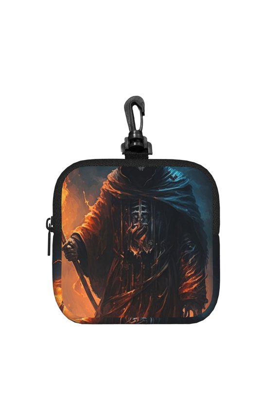 Grim Reaper On Fire Cool Art Square Gear Pouch with Lobster Clasp Waterproof Tech Accessory Organizer, Key & Coin Case
