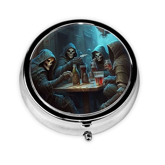 Grim Reaper Party Cool Mini Round Pill Box Portable Small Pill Case Organizer with 3 Compartments for Pocket Purse