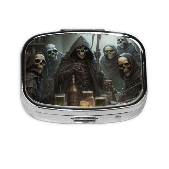 Grim Reaper Party Funny Skull Square Pill Box 2 Compartment Pill Case Medicine Organizer Decorative Gift for Purse Pocket