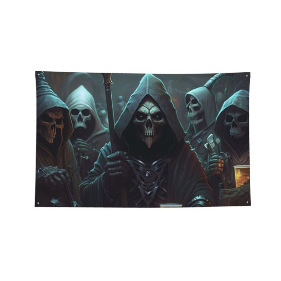 Grim Reaper Party Skull Cool Four Hole Decorated Banner Flag for Garden Yard Home Decoration Indoor Outdoor 3x5 Ft