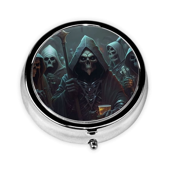 Grim Reaper Party Skull Cool Mini Round Pill Box Portable Small Pill Case Organizer with 3 Compartments for Pocket Purse