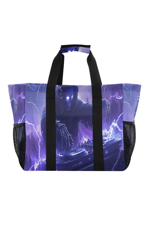 Grim Reaper Play Dj Reusable Grocery Bags with Handle Side Pocket Waterproof Shopping Portable Tote