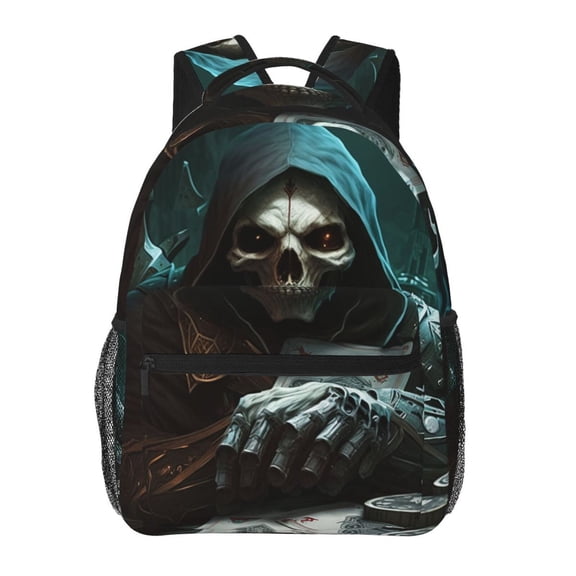 Grim Reaper Playing Poker Death Skull Backpack Casual College Bag Zipper Laptop Daypack Hiking Rucksack Travel