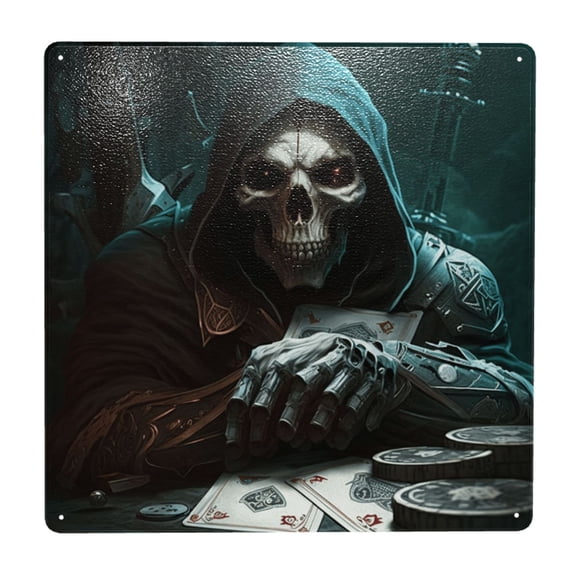 Grim Reaper Playing Poker Death Skull Square Metal Sign 12x12 Inch Tin Sign Wall Decor Decorative Plaque for Bar, Cafe, Restaurant
