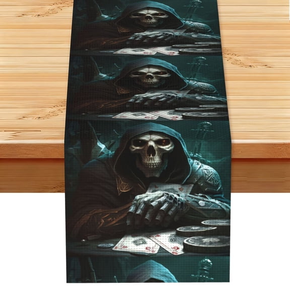 Grim Reaper Playing Poker Death Skull Table Runner 13x72 Inch for Dining Table Kitchen Wedding Party Decor Fireplace Mantle