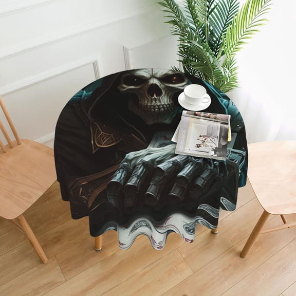 Grim Reaper Playing Poker Death Skull Tablecloths Round 60 inch Fabric Table Cloth Cover for Dining Kitchen Wedding Party