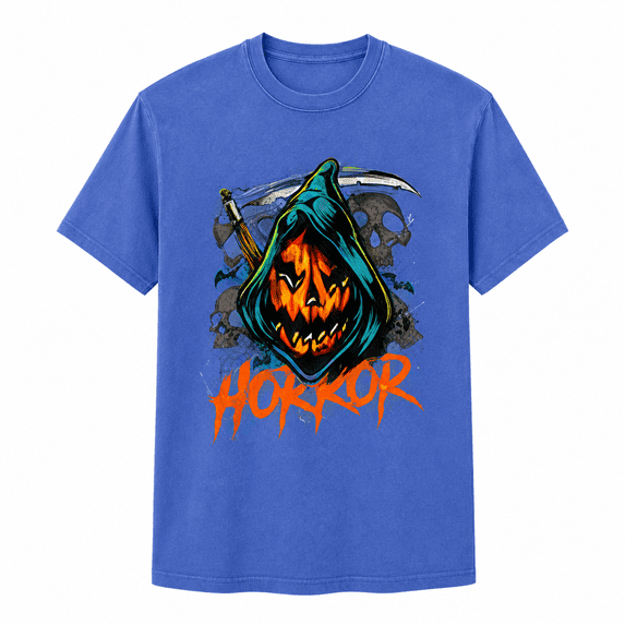 Grim Reaper Pumpkin Halloween T-Shirt, Spooky Hooded Jack O Lantern and Skull Graphic Tee, Unisex Adult Short Sleeve Shirt