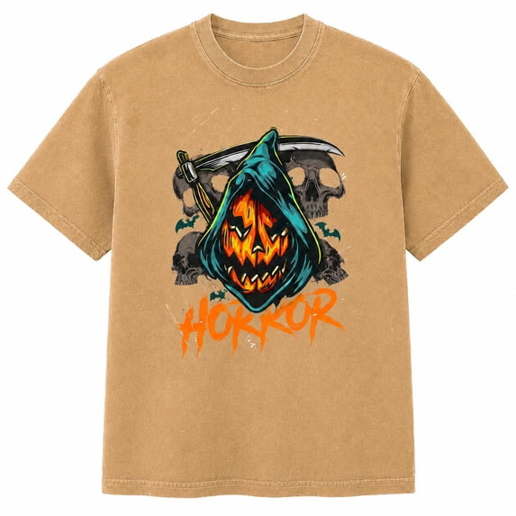 Grim Reaper Pumpkin Halloween T-Shirt, Spooky Hooded Jack O Lantern and Skull Graphic Tee, Unisex Adult Short Sleeve Shirt