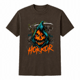 thumbnail image 1 of Grim Reaper Pumpkin Halloween T-Shirt, Spooky Hooded Jack O Lantern and Skull Graphic Tee, Unisex Adult Short Sleeve Shirt, 1 of 3