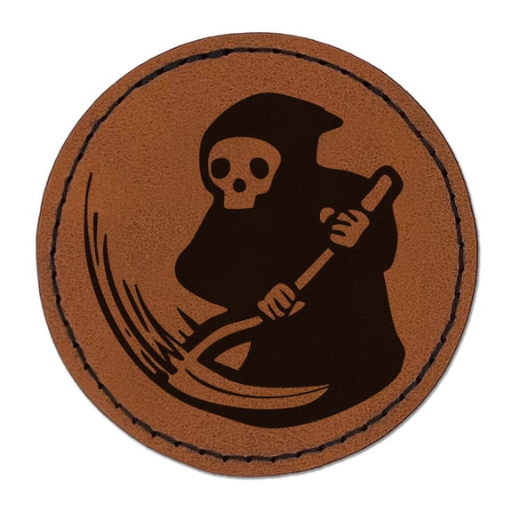 Grim Reaper Reaping with Scythe Skeleton Death Round Iron-On Engraved Faux Leather Patch Applique - 2.5 Inch - Brown