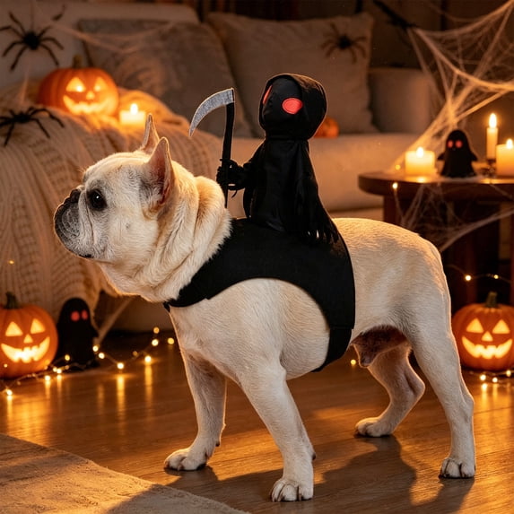 Grim Reaper Rider Pet Costume, Funny Halloween Cosplay Outfit, Riding‑Style Apparel for Dogs & Cats, Fit for Small & Medium Pets